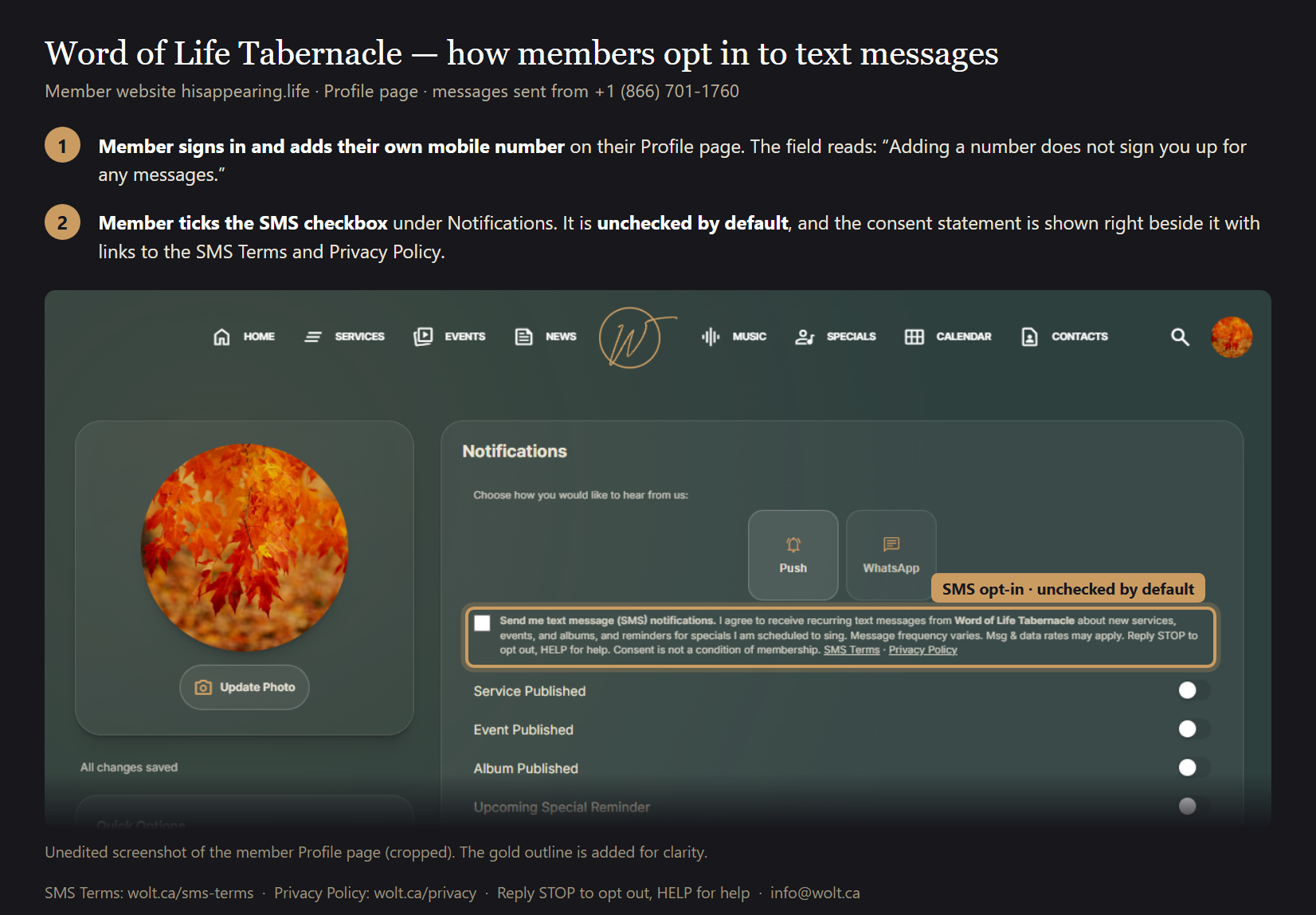 Unedited screenshot of the Word of Life Tabernacle member website Profile page, with the site navigation and logo, showing the unchecked 'Send me text message (SMS) notifications' checkbox with its consent statement.